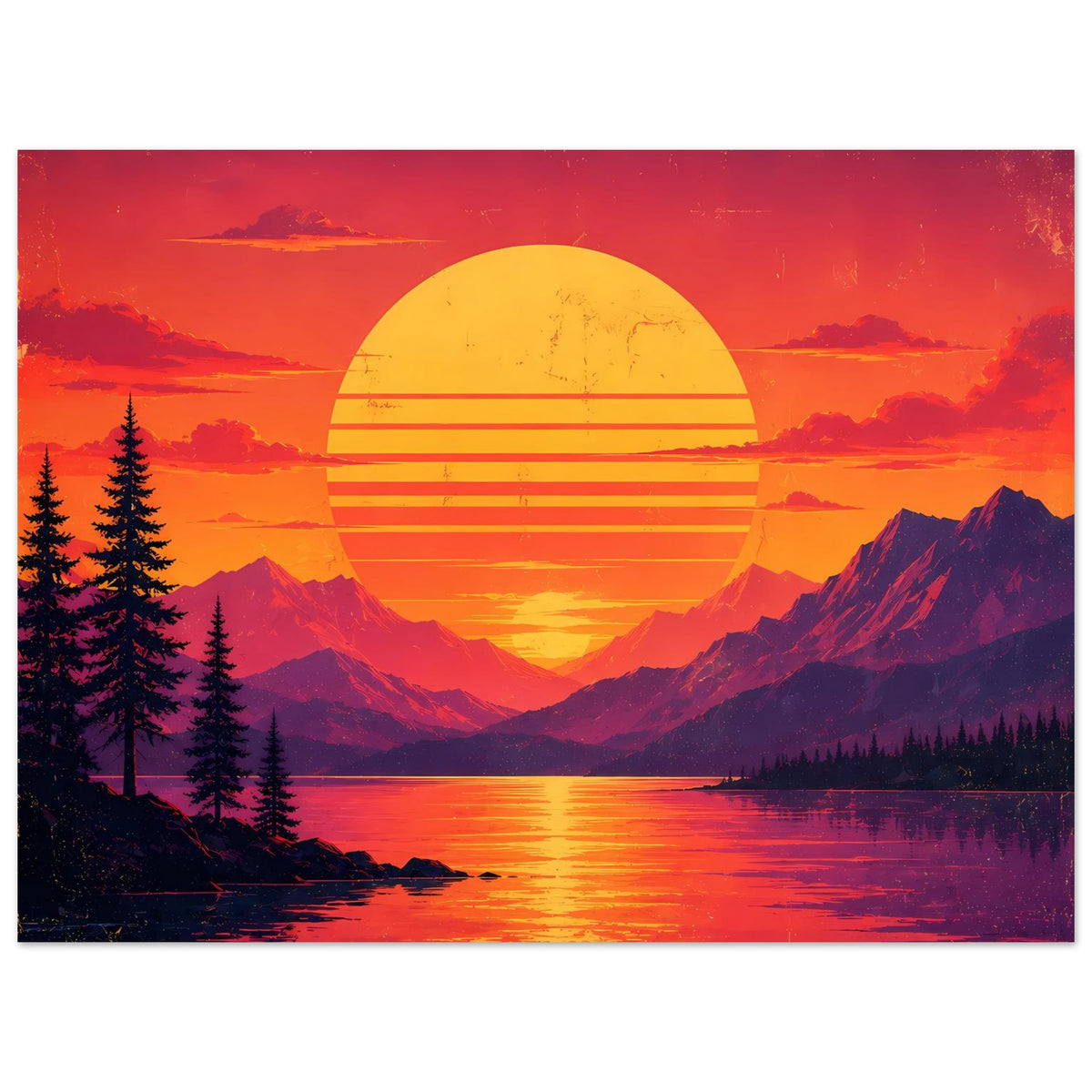 Breites Poster mit Sonnenuntergang über Bergsee, gelbe Sonne, violette Berge und Tannen