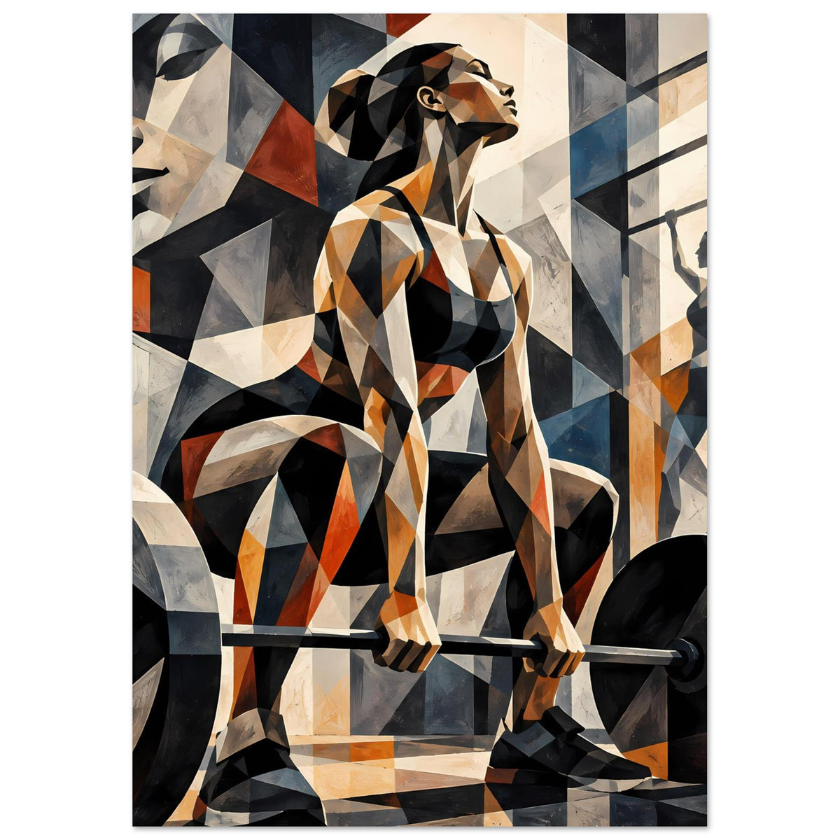 Abstraktes Fitness-Poster: geometrische Figur in Bewegung, Langhantel im Vordergrund, Schwarz/Orange/Blau