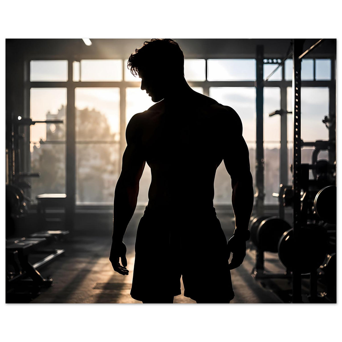 Fitness-Poster mit Silhouette eines Mannes, Ganzkörperansicht mit betontem Oberkörper