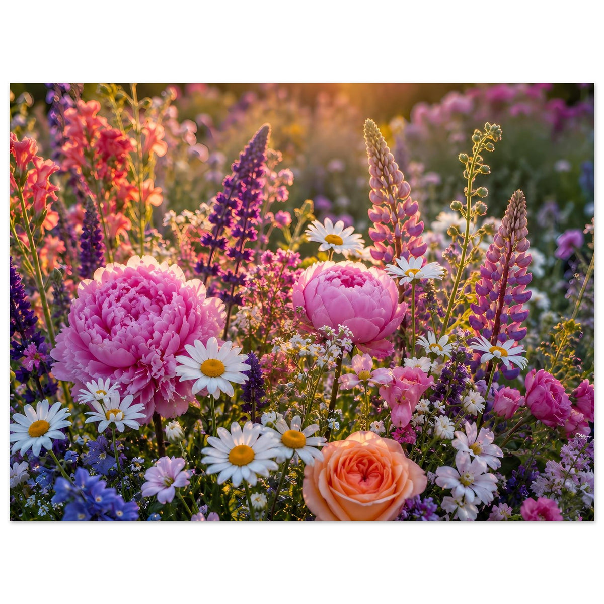 Blumenmeer-Poster mit Pfingstrosen, orangefarbener Blüte und Gänseblümchen, detailreich