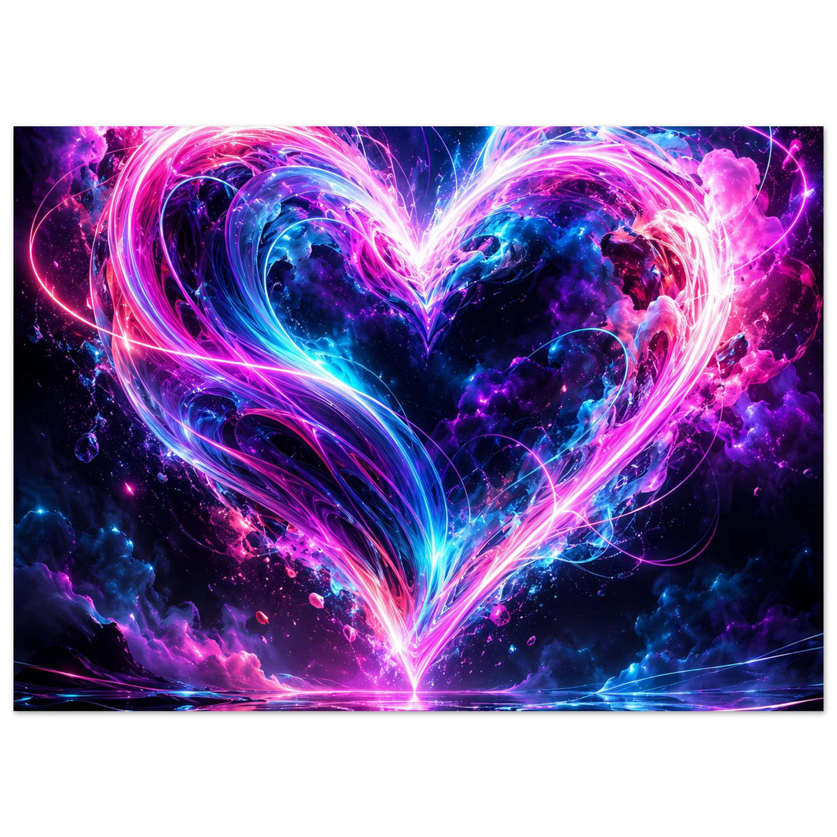 Kunstposter mit Neon-Herz in Pink und Blau, umwirbelt von farbigen Lichtschleifen