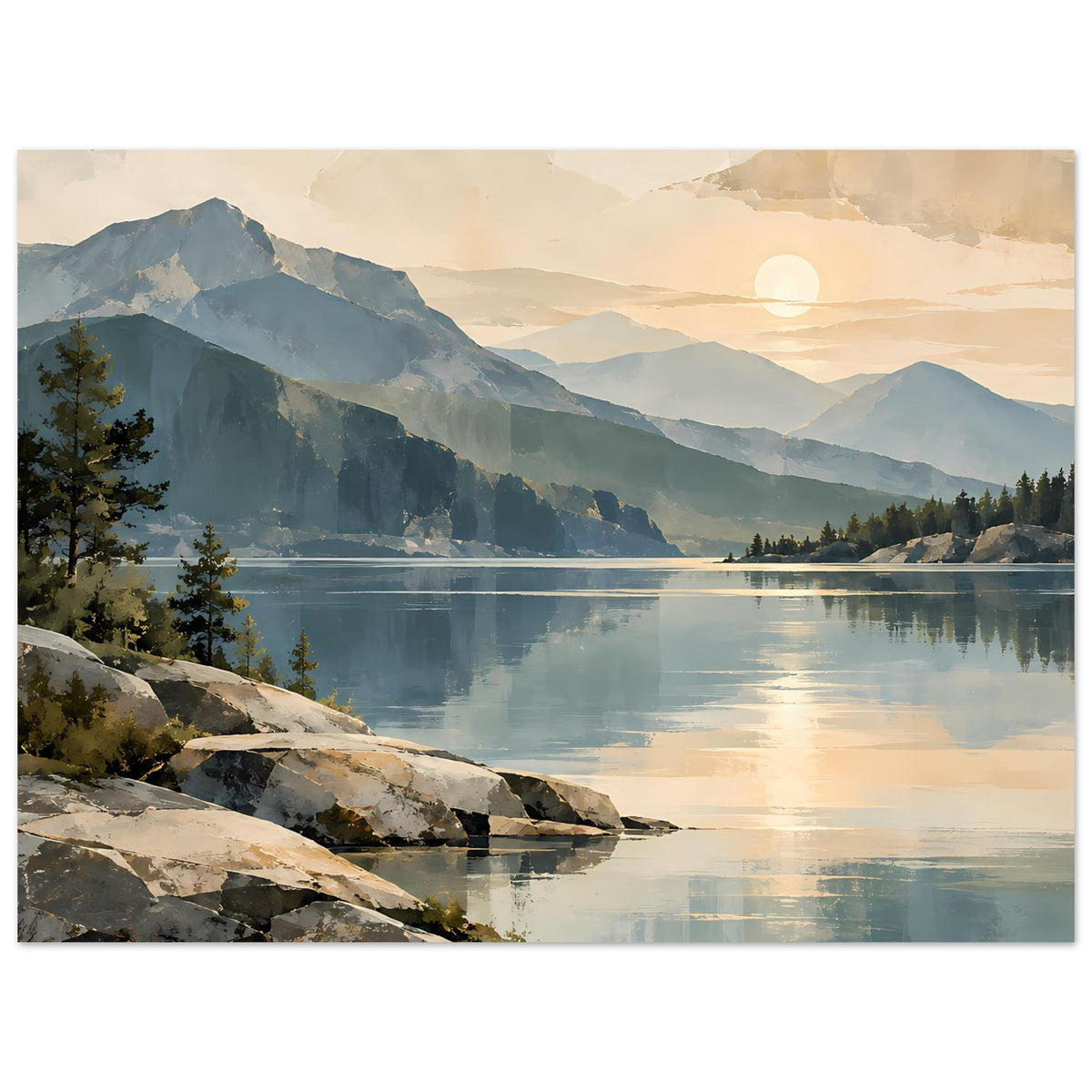 Horizontales Poster: Bergsee-Motiv mit warmen Sonnenaufgangstönen, Felsufer, ruhige Wasserfläche.