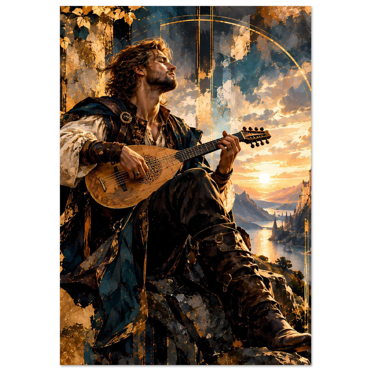 Fantasy-Barden-Poster: Barde im Umhang hält Laute, nach rechts ausgerichtete Pose