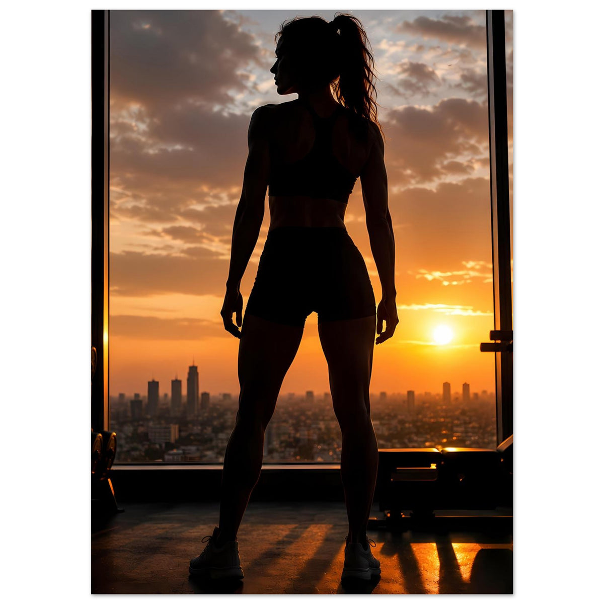 Fitness-Poster: Silhouette einer Sportlerin in Sportkleidung vor tiefstehender Sonne.
