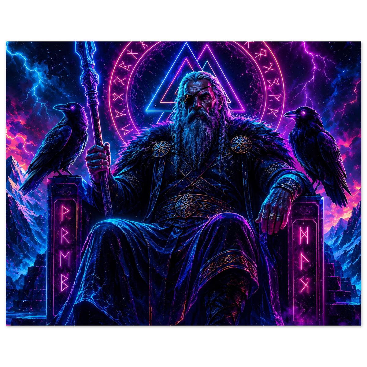 Nordisches Fantasy-Poster mit Wikingerkönig auf Thron, leuchtenden Runen und zwei Raben.