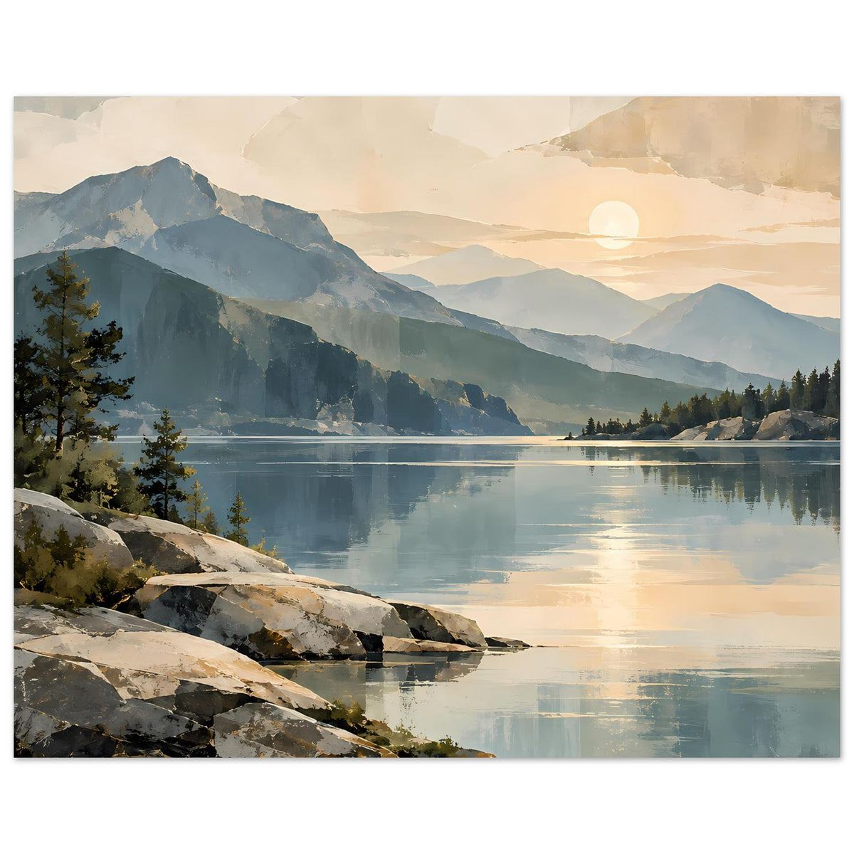 Poster Bergsee bei Sonnenaufgang mit Bergen, ruhigem Wasser, Felsen am Rand und Bäumen