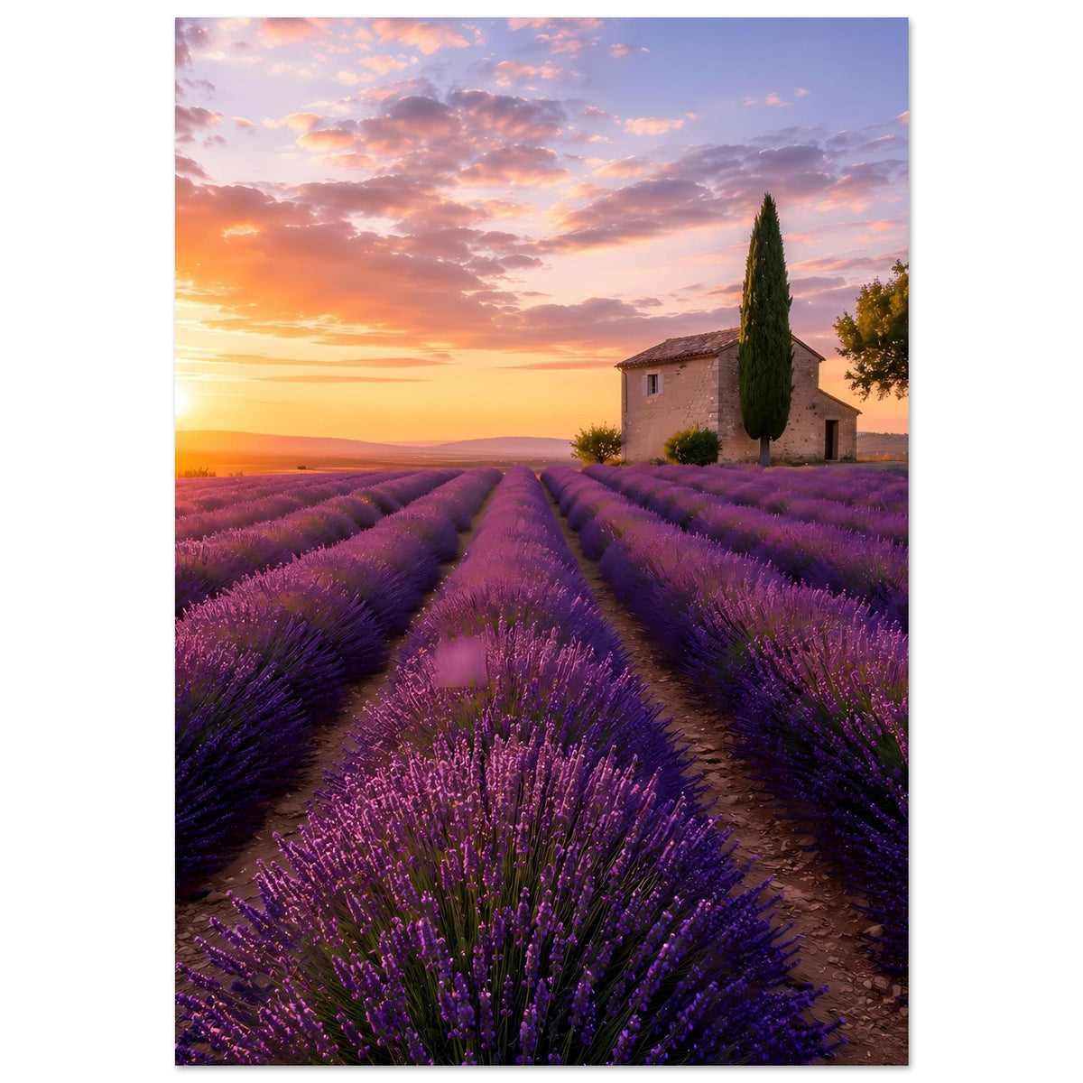 Lavendel-Feld Poster im Hochformat mit Sonnenuntergang, lila Blütenreihen und Weg