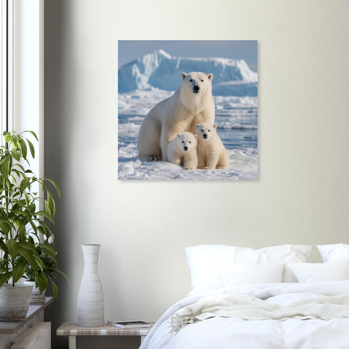 Quadratischer Kunstdruck mit Eisbären und Jungtier im Schnee