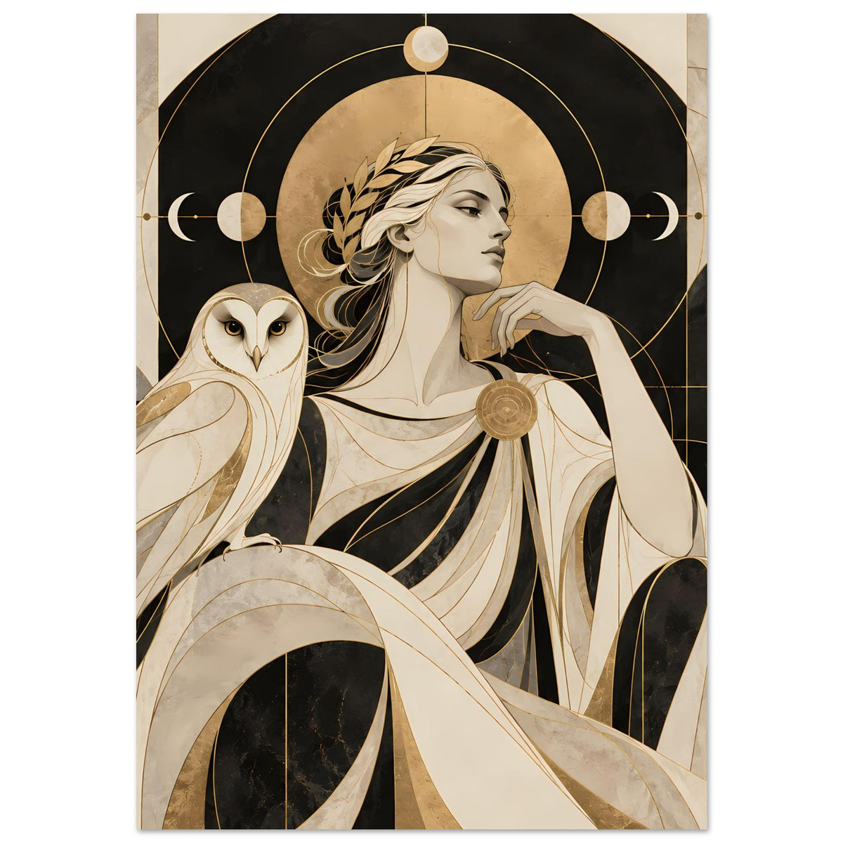 Kunstposter im Hochformat: Frau mit Eule im Profil, goldener Kranz, Linienkreise