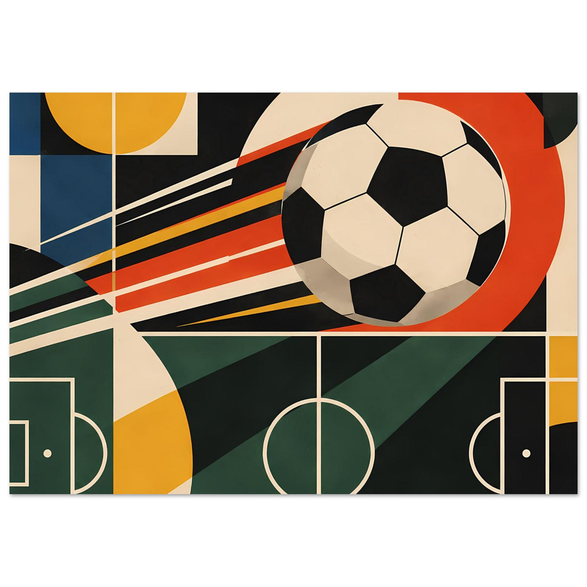 Geometrisches Fußball-Sportposter mit Ball, Torrahmen und Mittelkreis in verschiedenen Farben.