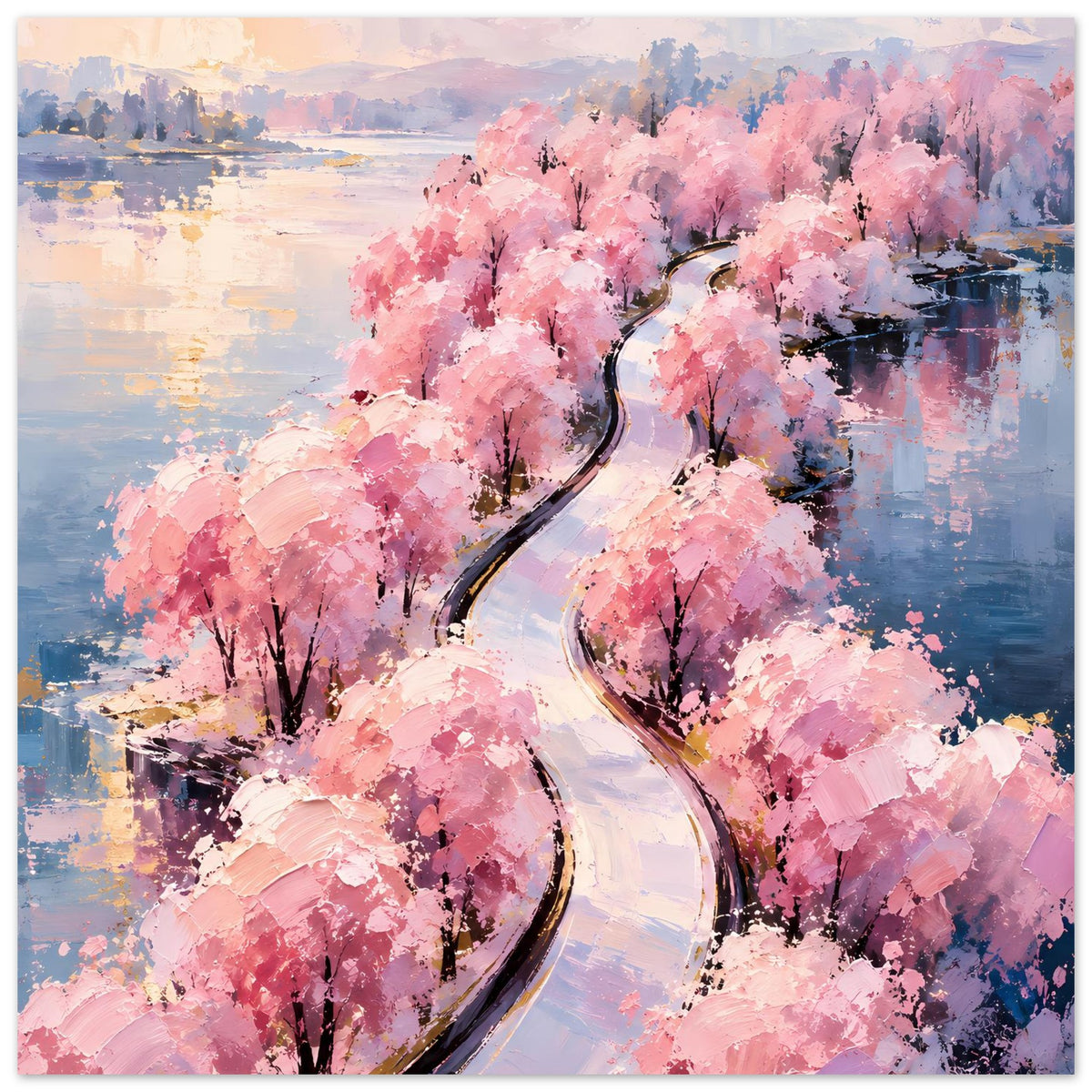 Poster im Hochformat mit rosa Blütenbäumen, geschwungenem Weg und Wasser
