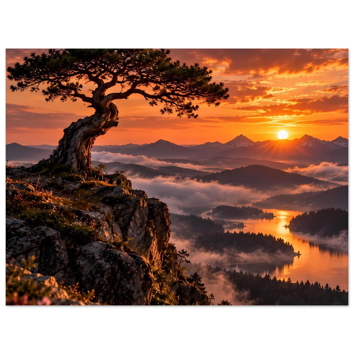 Vertikales Landschaftsposter: großer Baum auf Felshang, orange Himmel, Berge und spiegelnder See