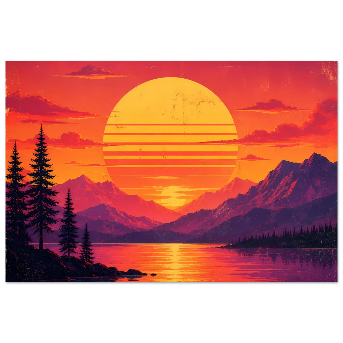 Poster mit Retro-Landschaft: gelbe Sonne über Bergen, Tannen und Wasserreflexion