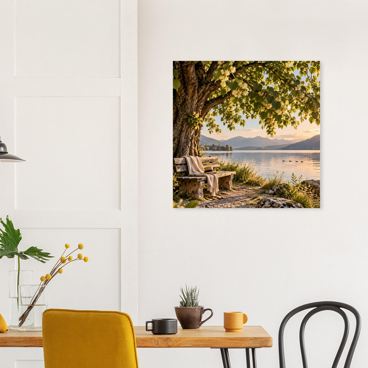 Wandposter am Tisch: Seeufer mit Baum und Sonnenuntergang, mattes Premiumpapier
