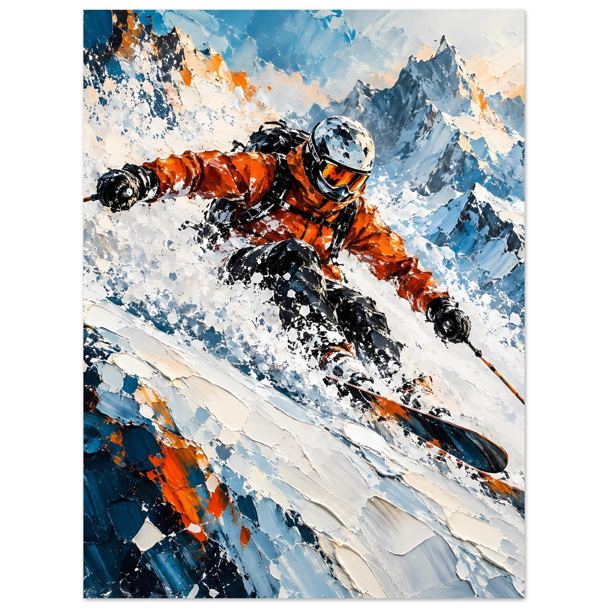 Skifahrer-Poster: orange-schwarzer Skianzug, Helm im Schnee, Pistenabfahrt mit blauen Akzenten