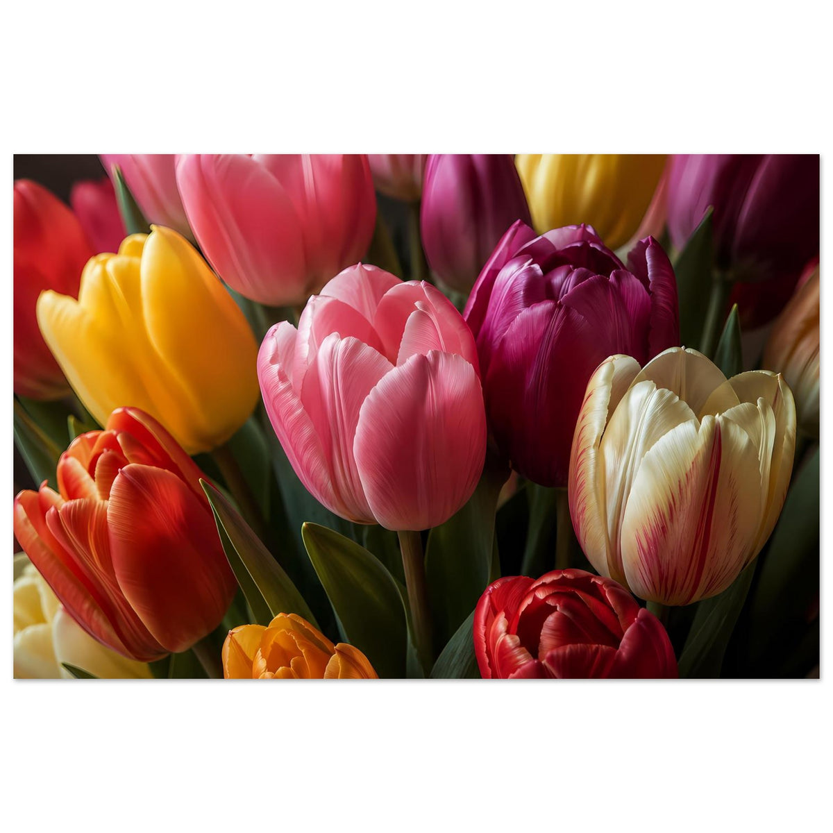 Tulpenstrauß-Poster im Querformat mit pinken, gelben, violetten und roten Tulpen