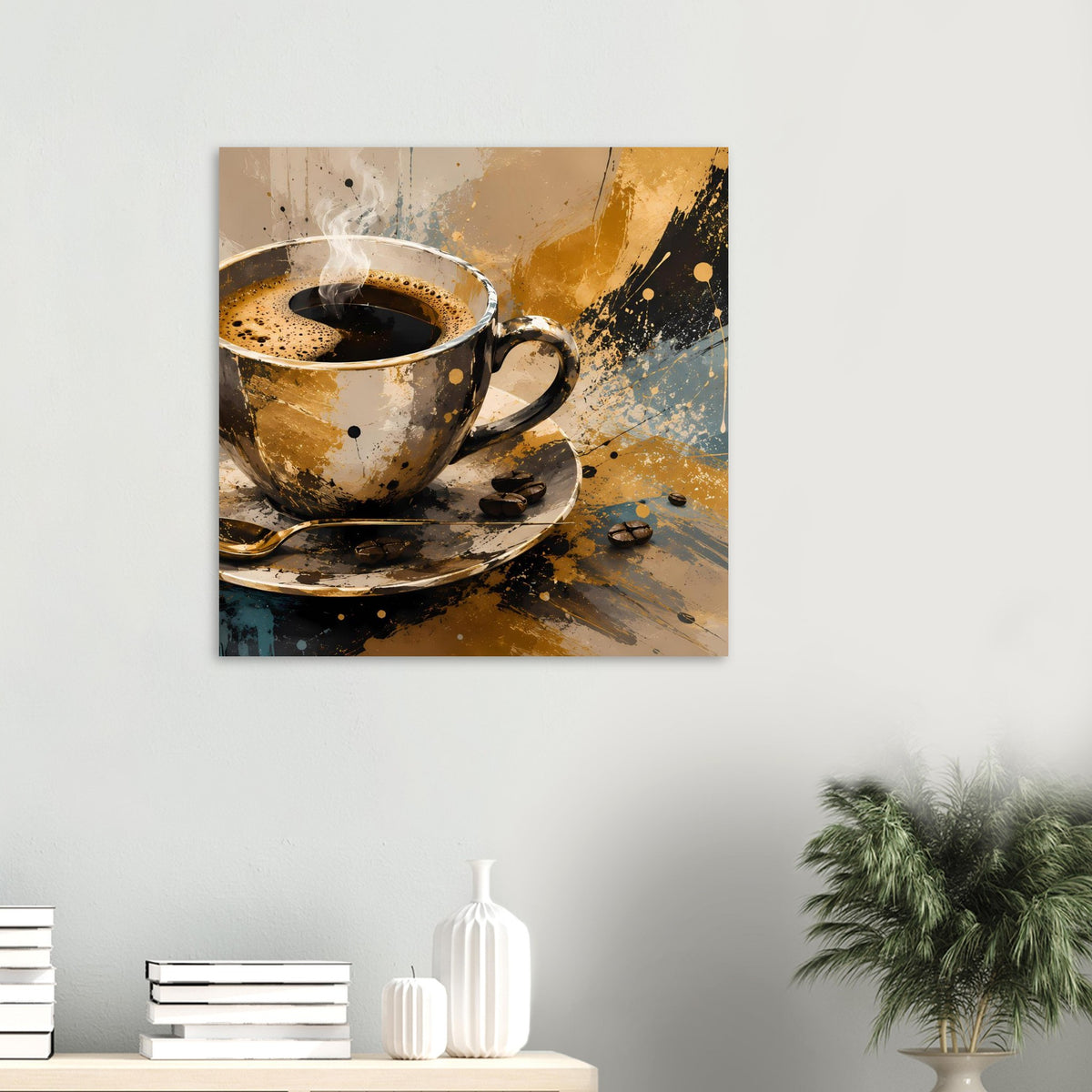 Kunstposter mit kleiner Kaffeetasse auf Untertasse, Dampf, abstrakte Farbkleckse