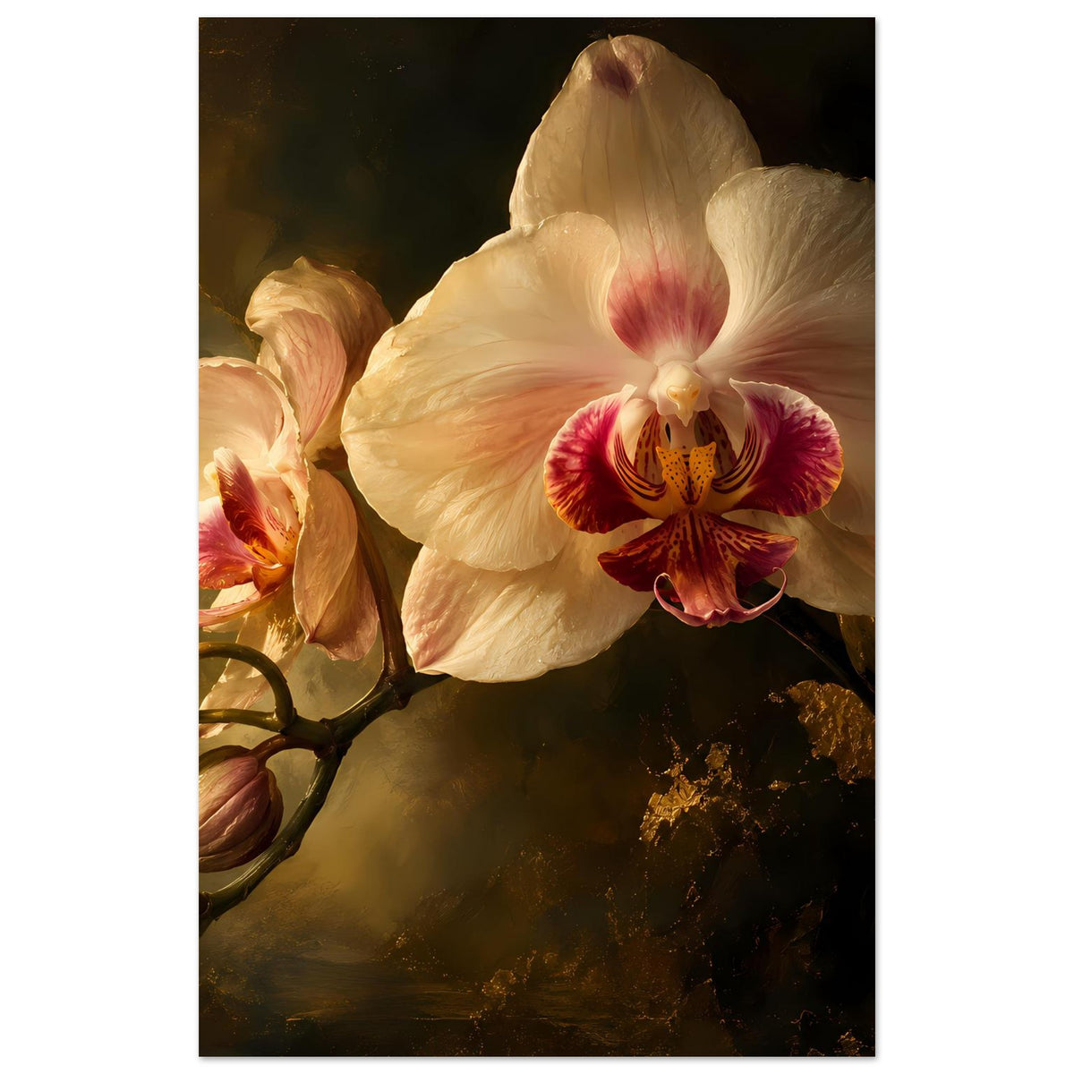 Orchideen-Poster, cremeweiße Orchideenblüte mit rosaroter Mitte und goldenen Details