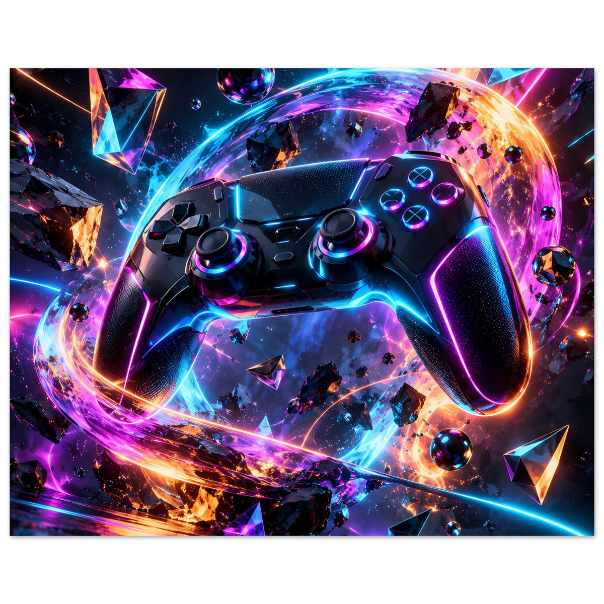 Großes Gaming-Poster mit futuristischem Controller-Motiv, leuchtende Konturen und Kugel-Details