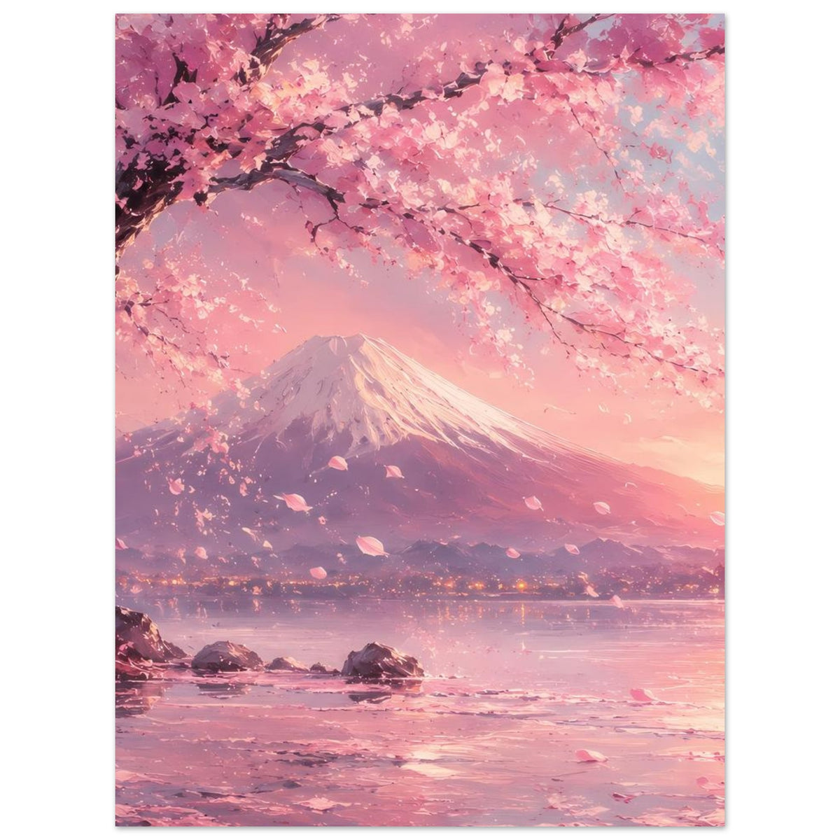 Vertikales Poster mit blühenden Kirschzweigen, Fuji-Berg und rosafarbenem Abendhimmel