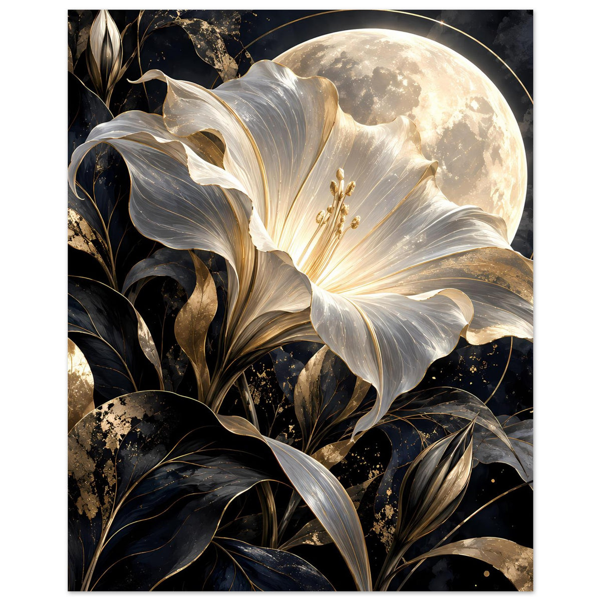 Poster im Hochformat: große weiß-goldene Blüte, Mondsichel im Hintergrund, schwarze Blattdetails
