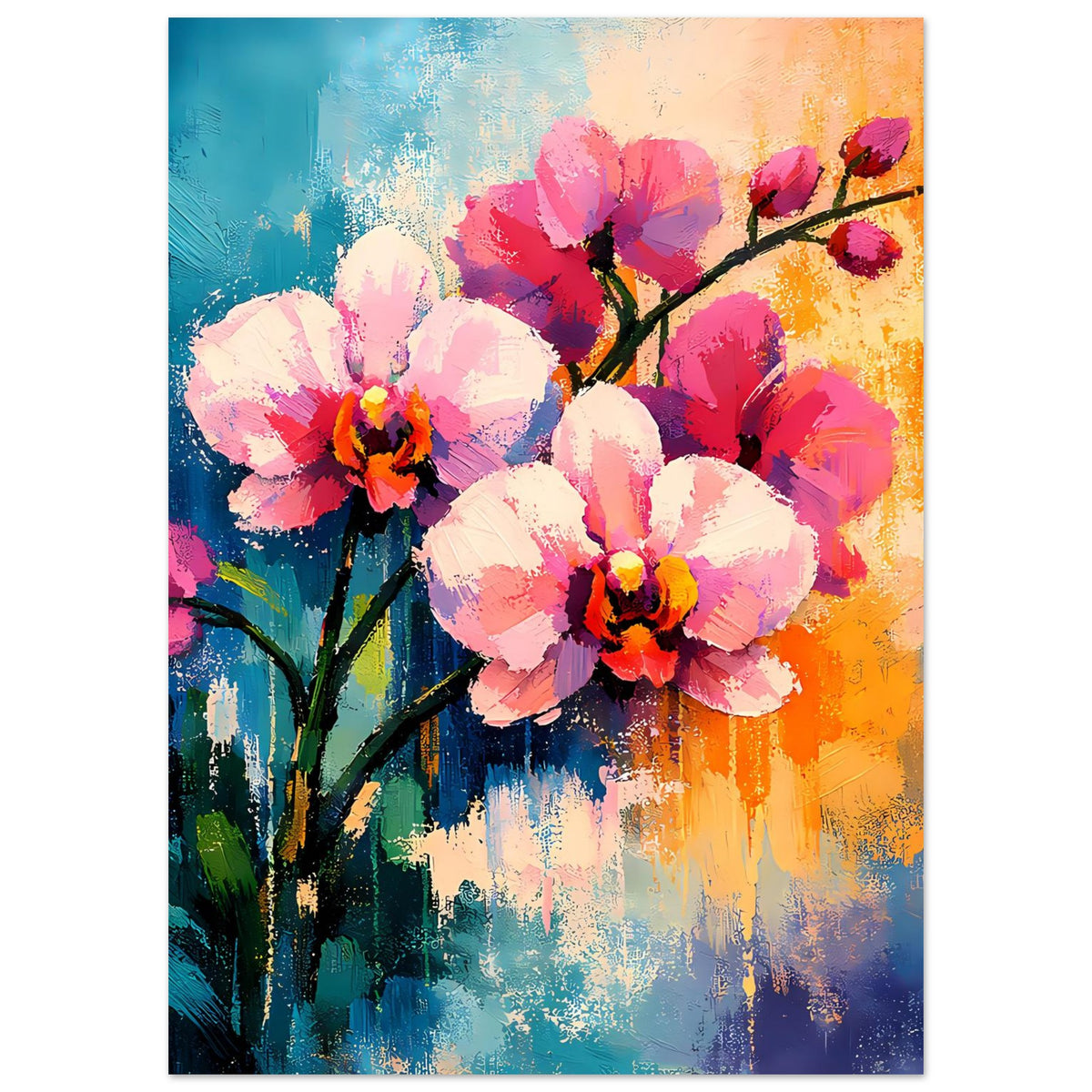 Blumenposter im Hochformat mit rosa und weißen Blüten an dunklem Ast auf buntem Hintergrund