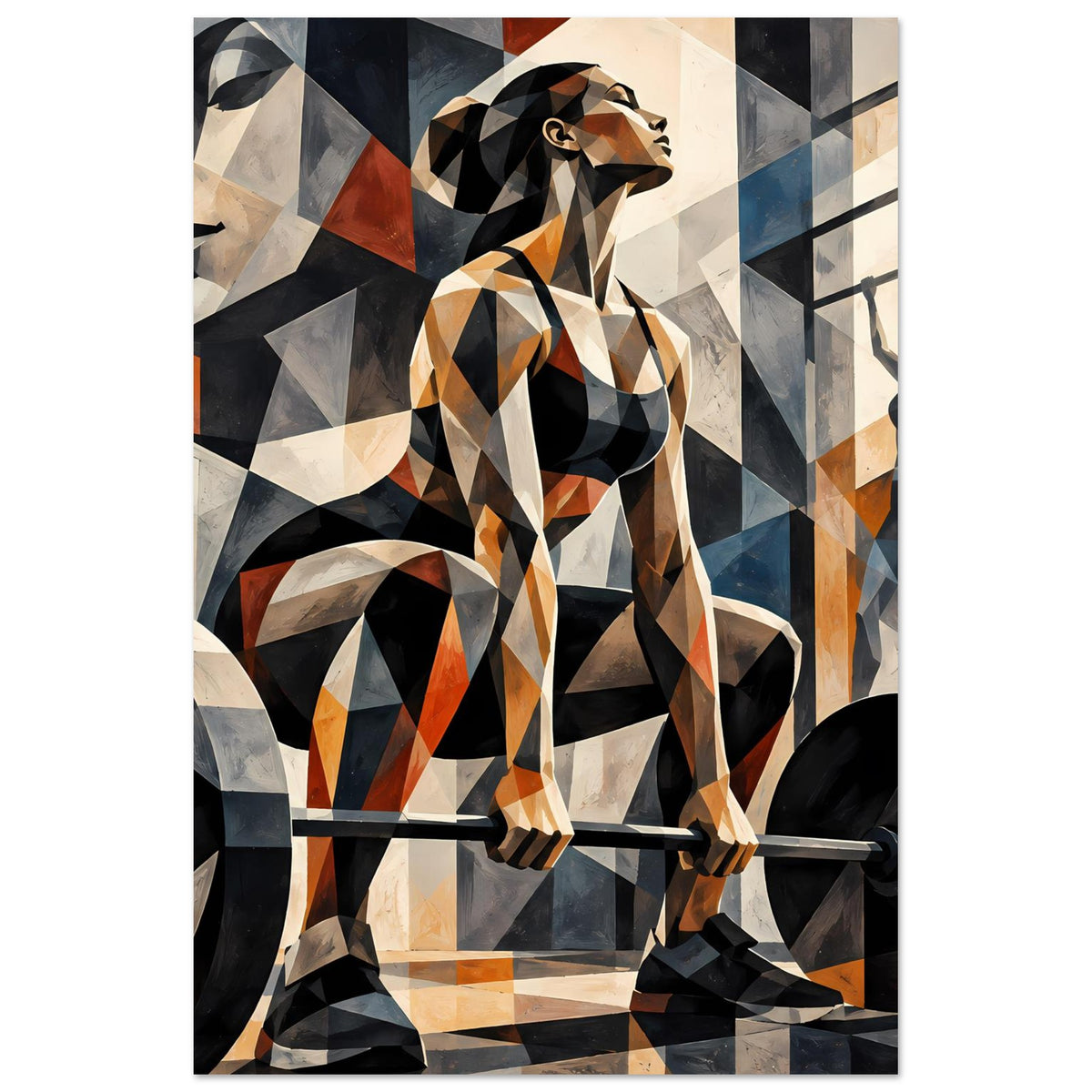 Abstraktes Fitness-Poster: stilisierte Sportlerin mit Langhantel, geometrische Muster in Orange, Blau und Schwarz.