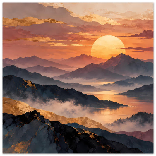 Quadratisches Poster mit Sonnenuntergang, Bergpanorama, Nebel und See im Dämmerlicht