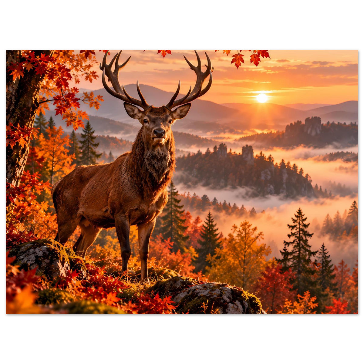 Herbstliches Hirschposter im Querformat: brauner Hirsch mit Geweih am Rand des Herbstwaldes