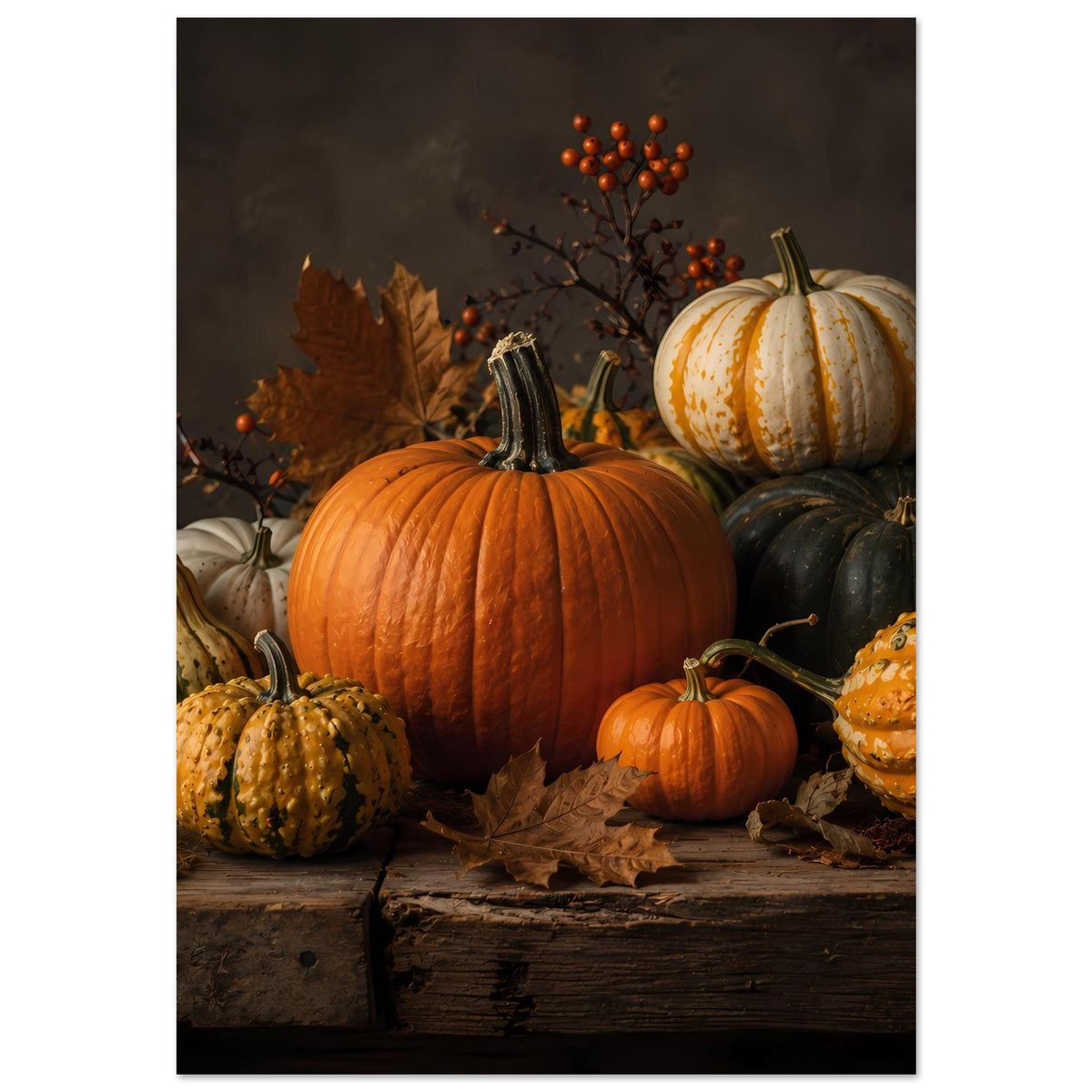 Premium-Poster mit Herbst-Kürbissen: großer orangefarbener Kürbis und weißer Zierkürbis im Detail