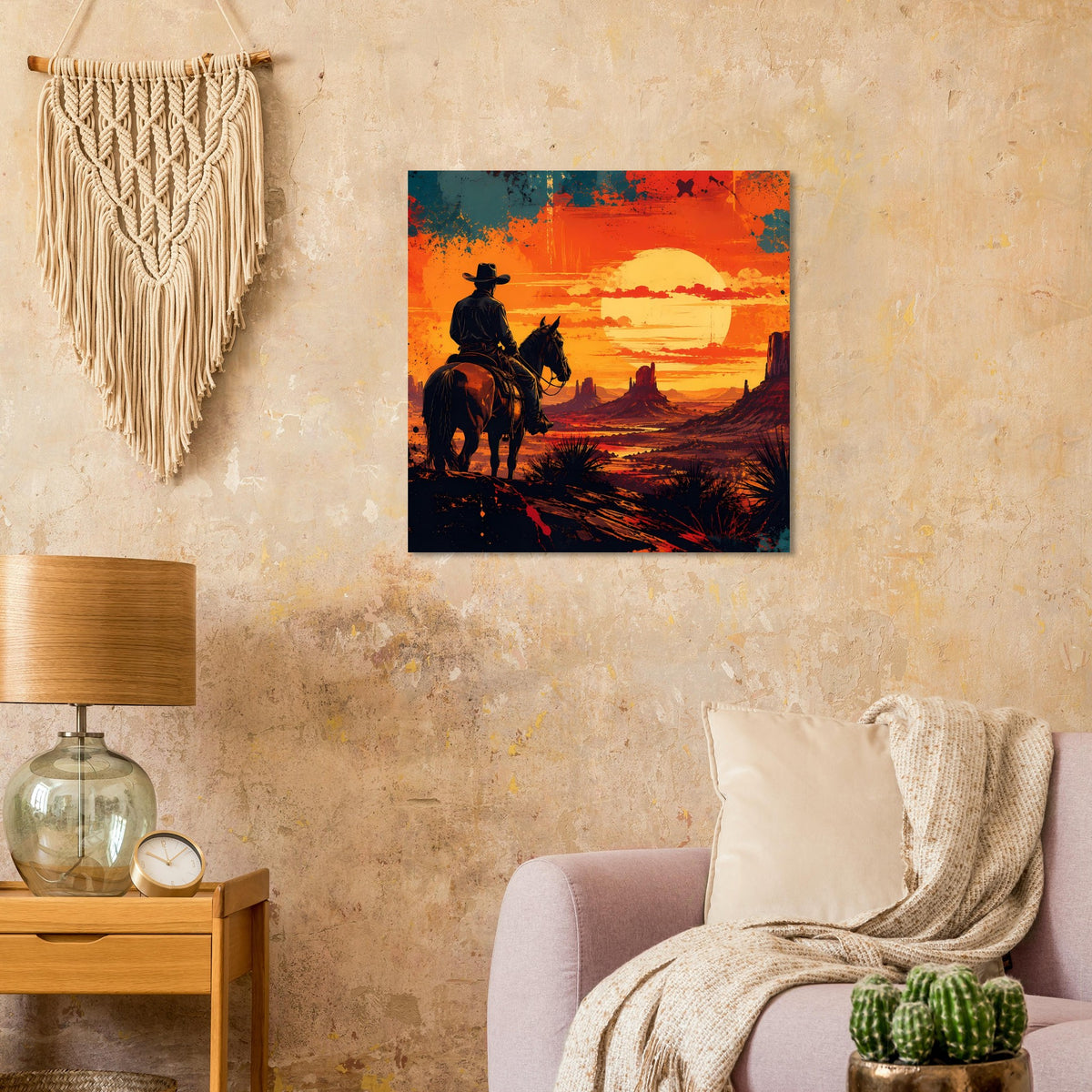 Quadratisches Poster mit Cowboy-Silhouette auf Pferd, Sonnenuntergang über dunkler Landschaft