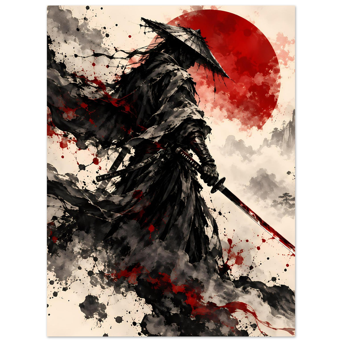Poster mit Samurai-Krieger, flatterndem Mantel, Schwert; rote Sonne und Spritzfarben