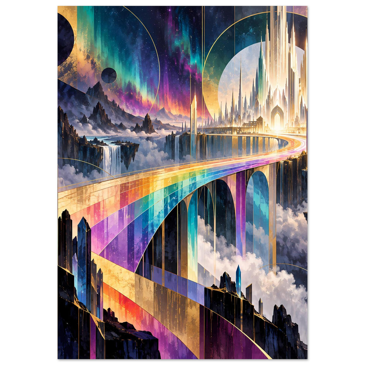 Regenbogenbrücke-Poster mit buntem Brückenband und Wolken, futuristische Festung, Hochformat