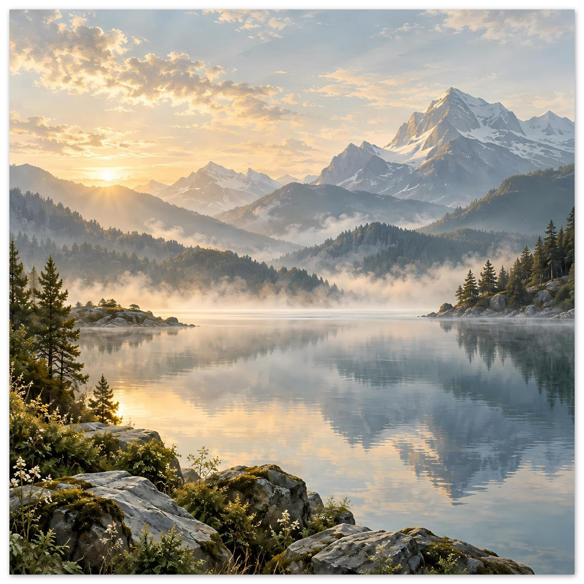 Quadratisches Landschaftsposter: Bergsee bei Sonnenaufgang mit Nebel und felsigem Ufer