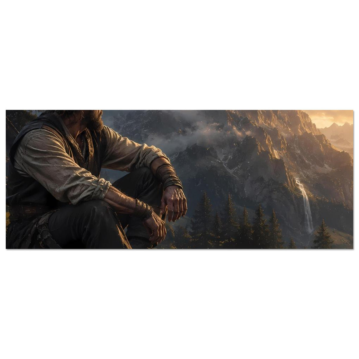 Horizontales Poster mit Landschaft und sitzendem Mann am Felsen in den Bergen
