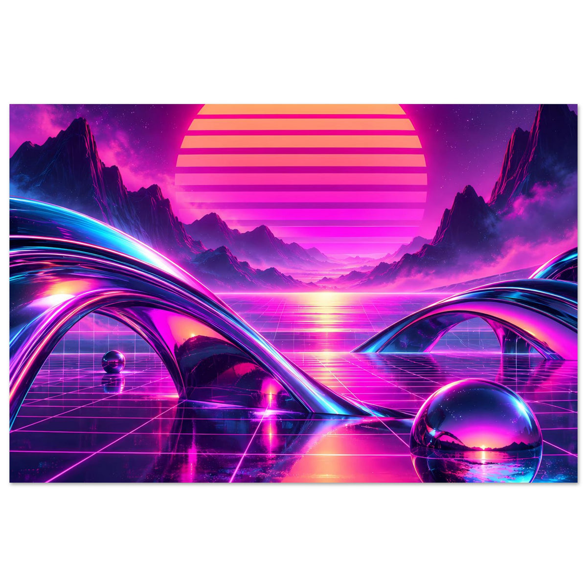 Retro-Science-Fiction-Poster mit Neon-Szenerie, Rasterboden, zwei Figuren und violetter Glaskugel