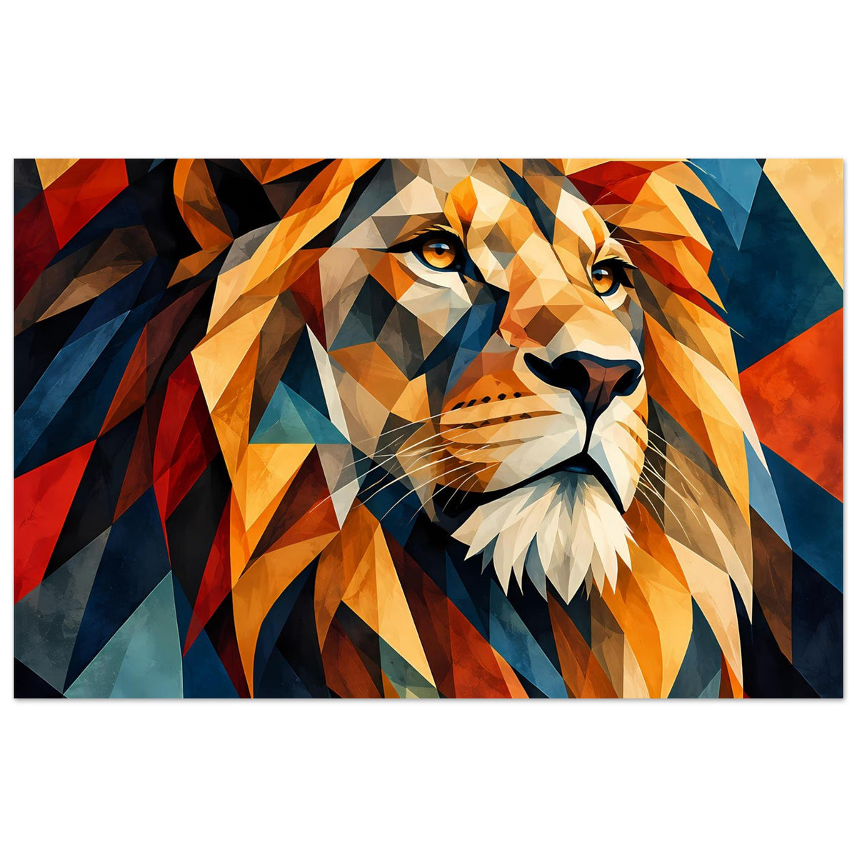Geometrisches Löwenposter mit Löwenkopf, Orange, Rot und Blau, querformatig