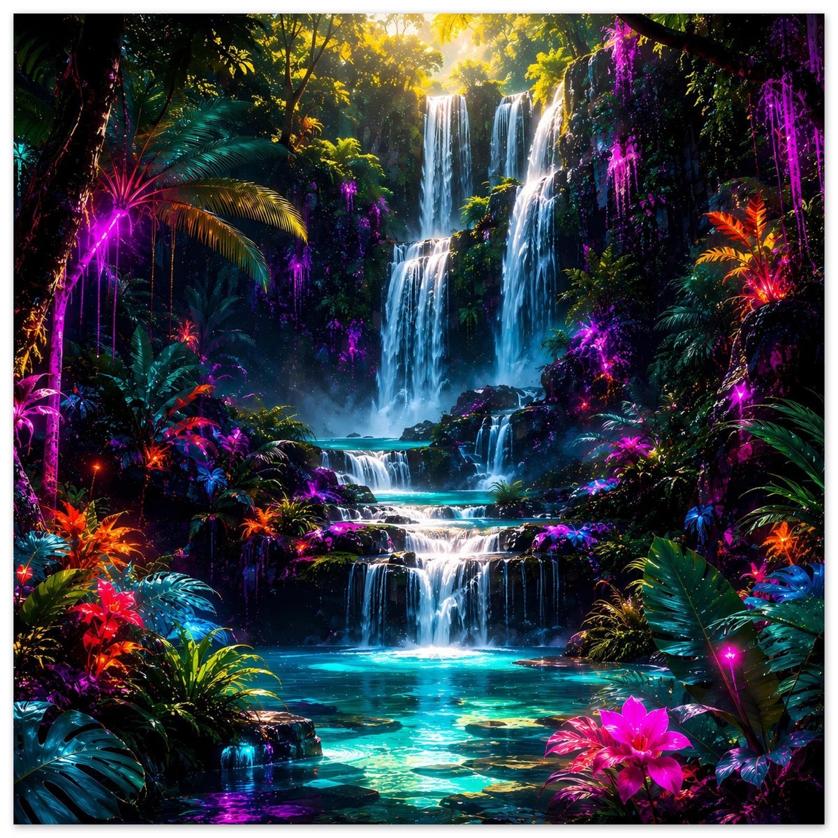Poster mit tropischem Wasserfall, blau-türkisen Kaskaden und pinken Blüten im Vordergrund
