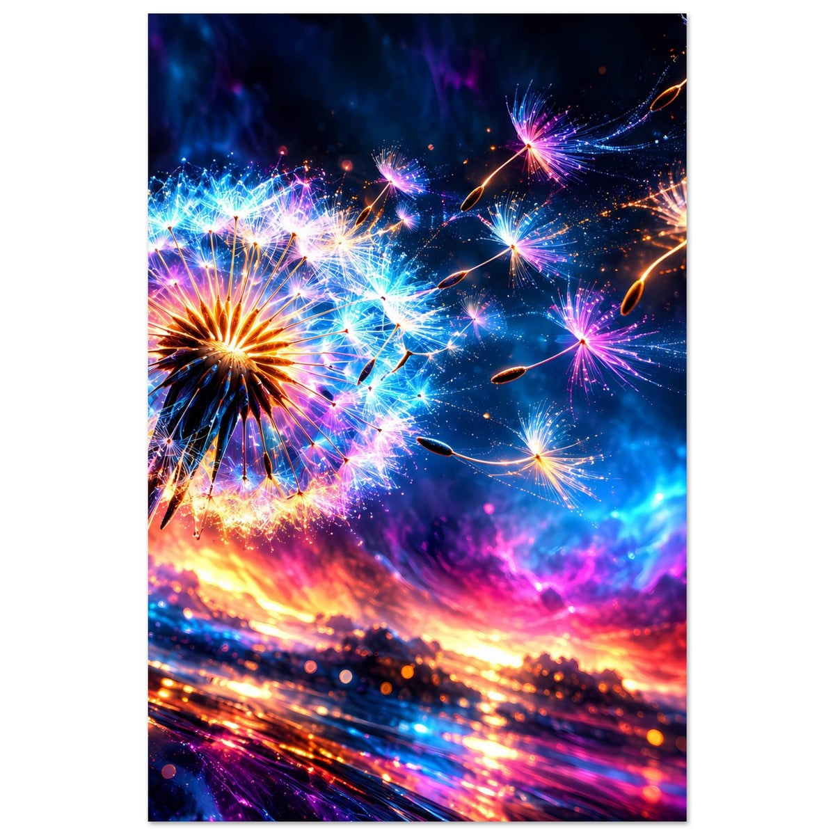 Leuchtendes Poster mit Feuerwerk-Motiv, blau-violette Funken und orange Lichtspuren