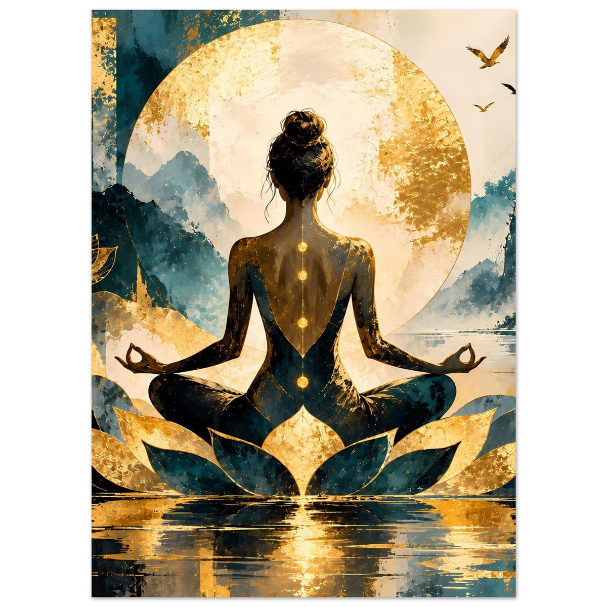 Meditationsposter mit Lotusfrau, goldenem Kreis, Lotusblättern und spiegelnder Wasserfläche unten
