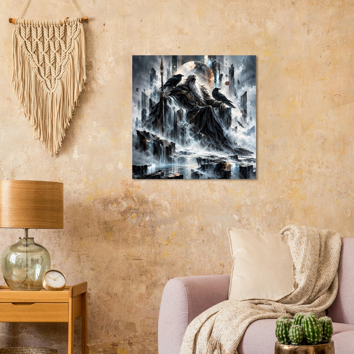Mythologie-Poster mit nordischem Gott auf Thron, Raben, Wasserfall und dunkler Kulisse