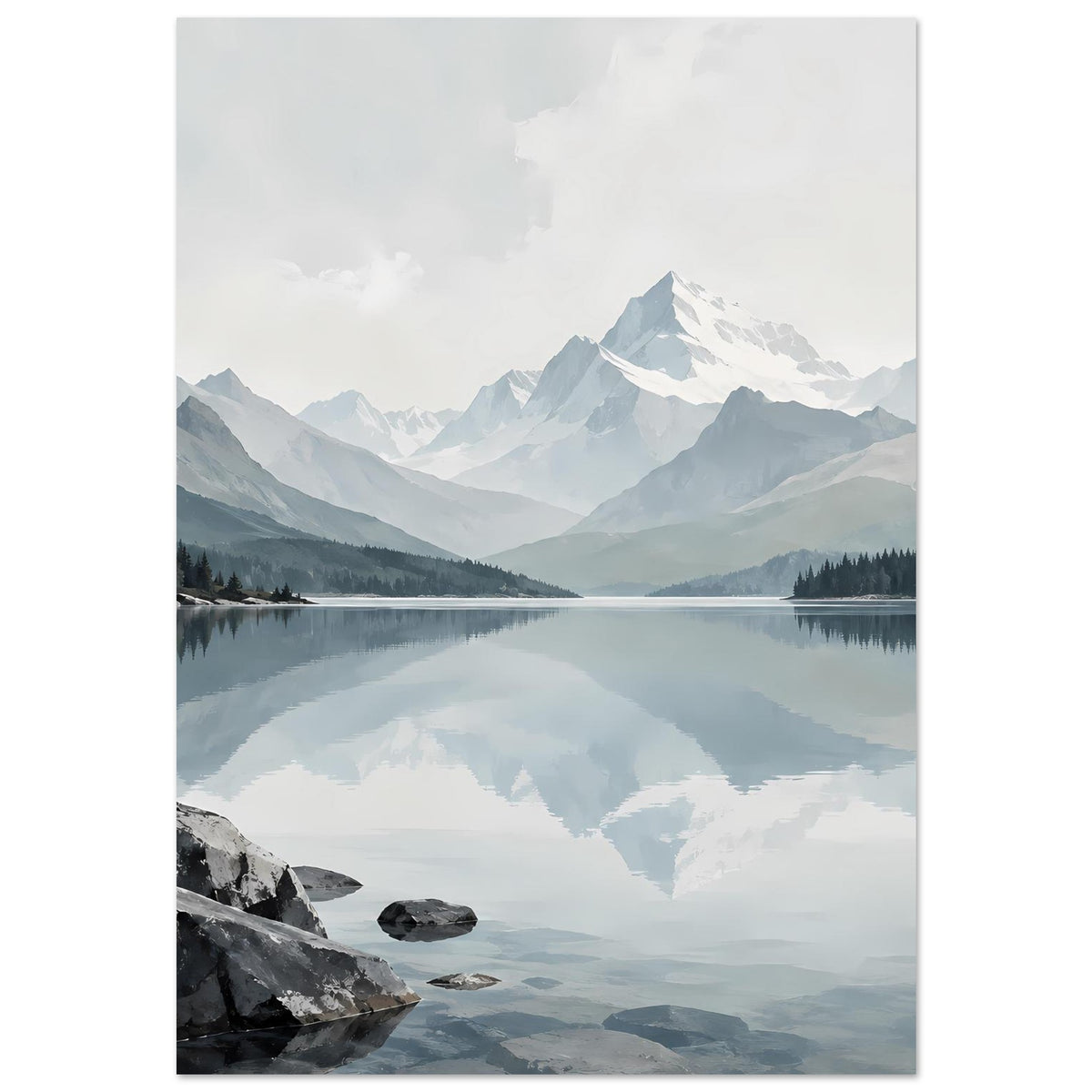 Kunstdruck im Hochformat: Bergsee-Spiegelung mit schneebedeckten Gipfeln und Felsen