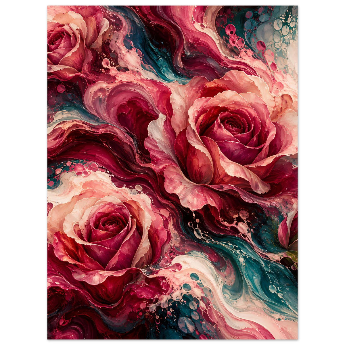 Blumenposter mit abstrakten Rosen in Rot und Türkis, vertikal, mittiger Fokus auf die große Rose.