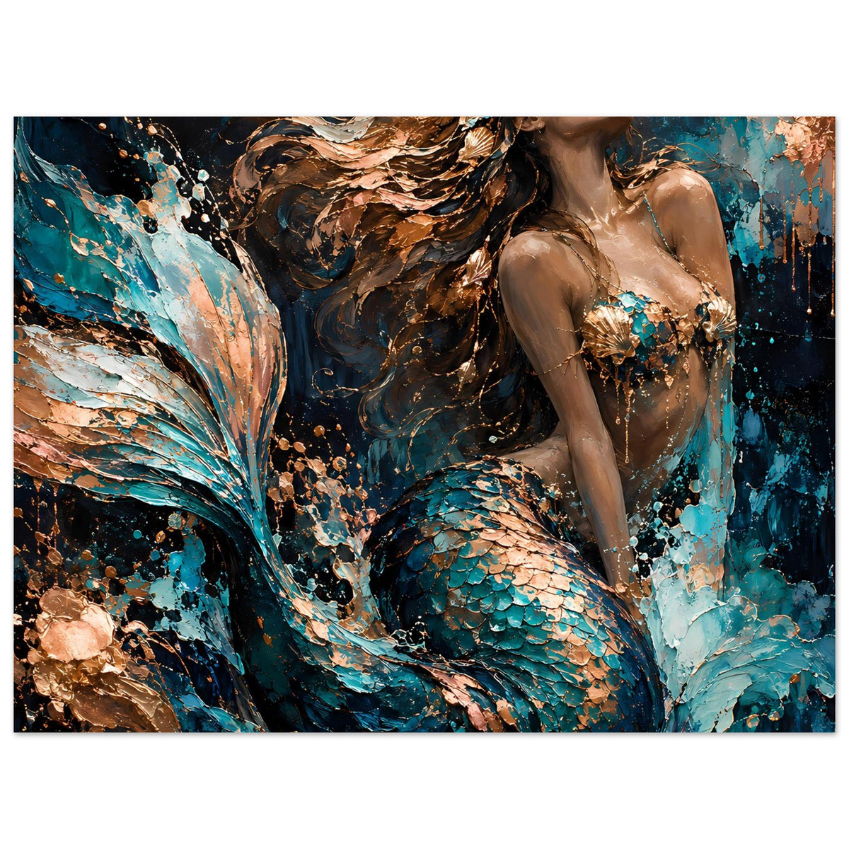 Fantasy-Kunstposter mit Meerjungfrau: türkisblauer Schuppenschwanz, kupferne und blaue Farbspuren