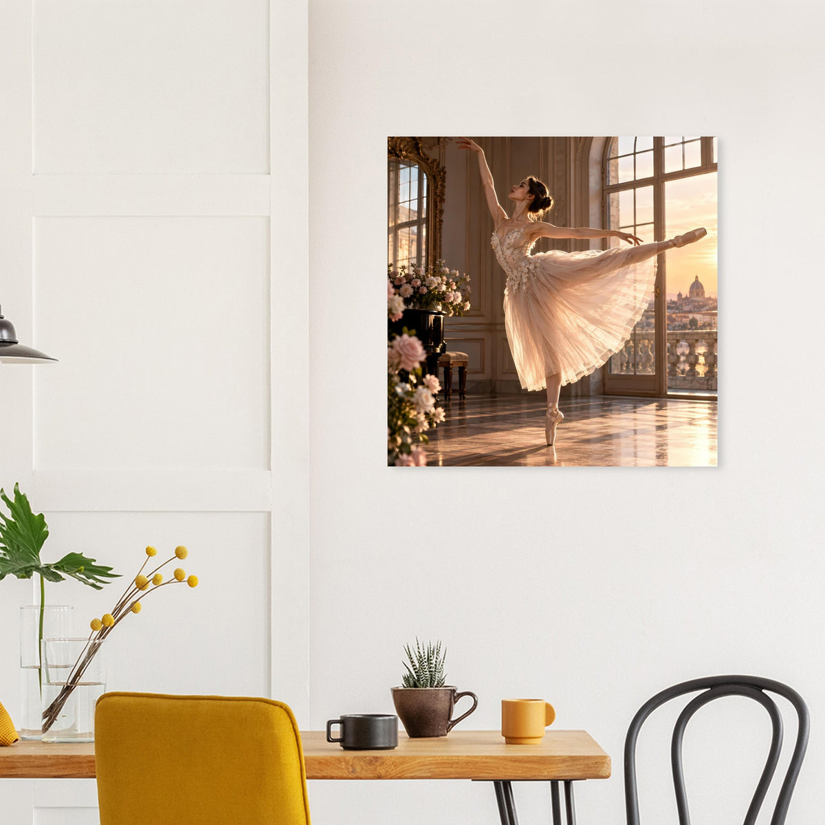 Poster mit Ballerina im weißen Spitzentüllkleid, Drehung im warmen Licht