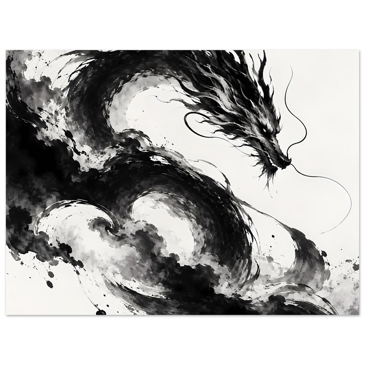 Poster im Querformat mit abstrahiertem Drachen in Schwarz-Weiß, dunkle Tintenflächen