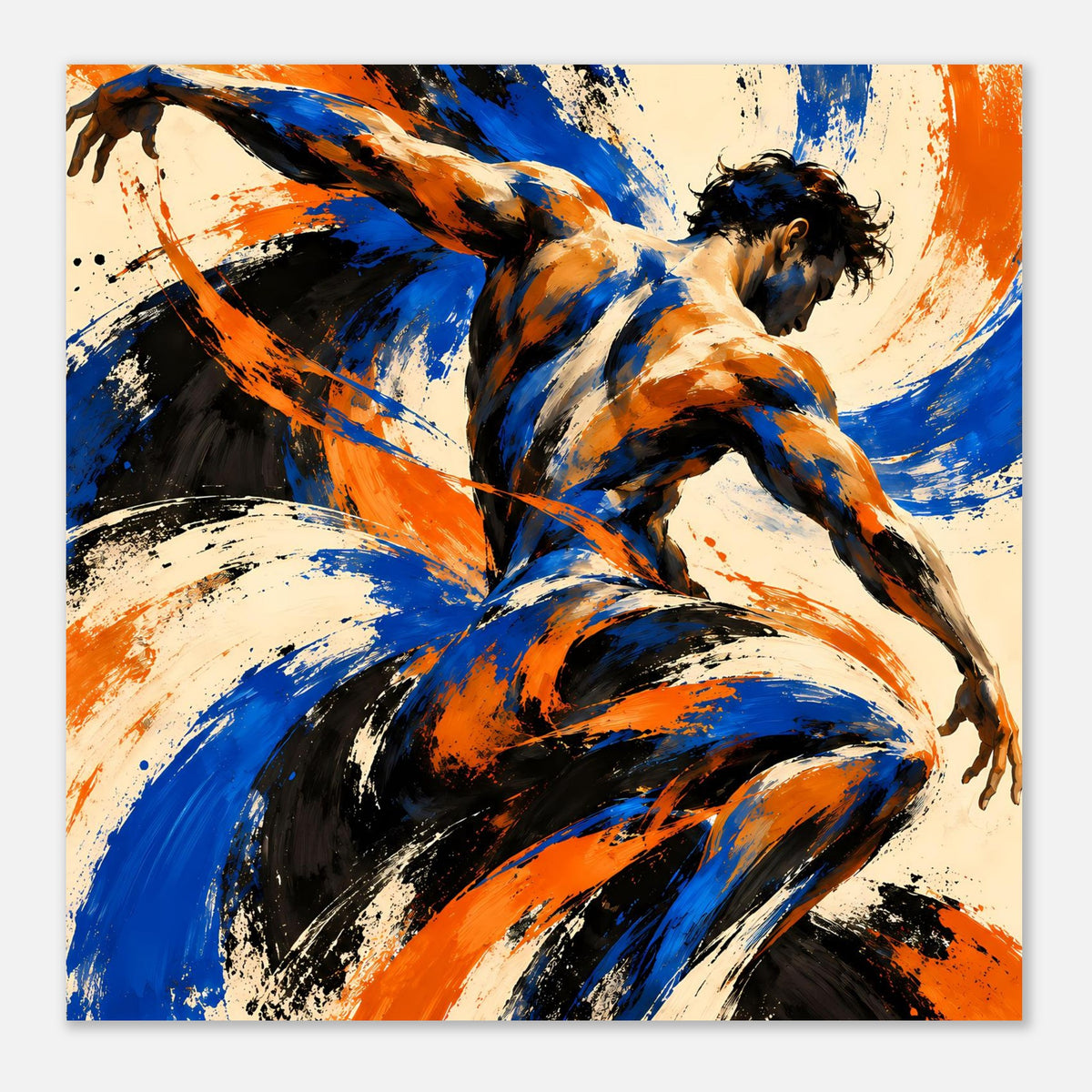 Quadratisches Kunstposter mit dynamischer Figur, blau-orange Pinselwirbeln und schwarzen Strichen