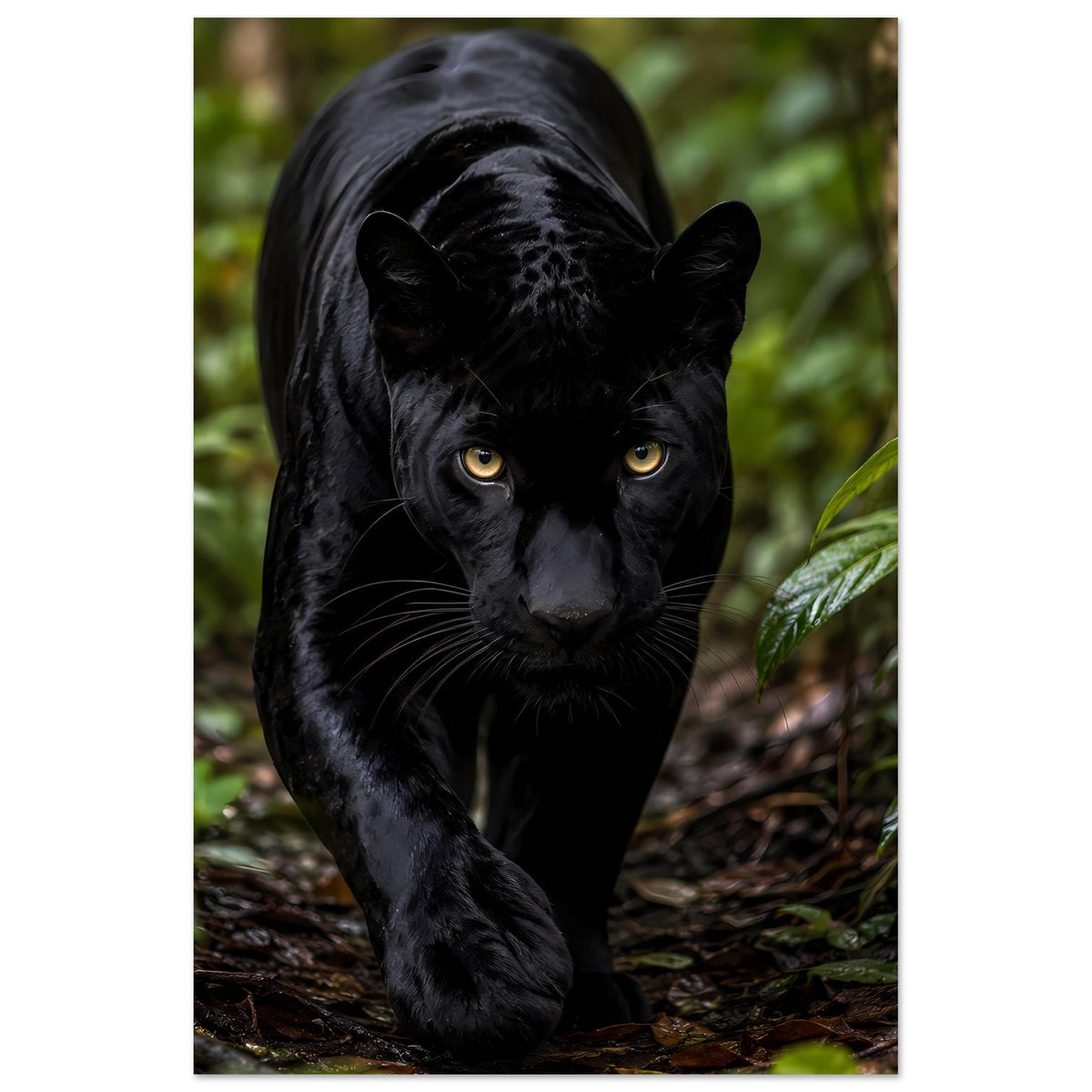 Poster mit schwarzem Panther im Dschungel, goldene Augen, seitlich geduckte Pose