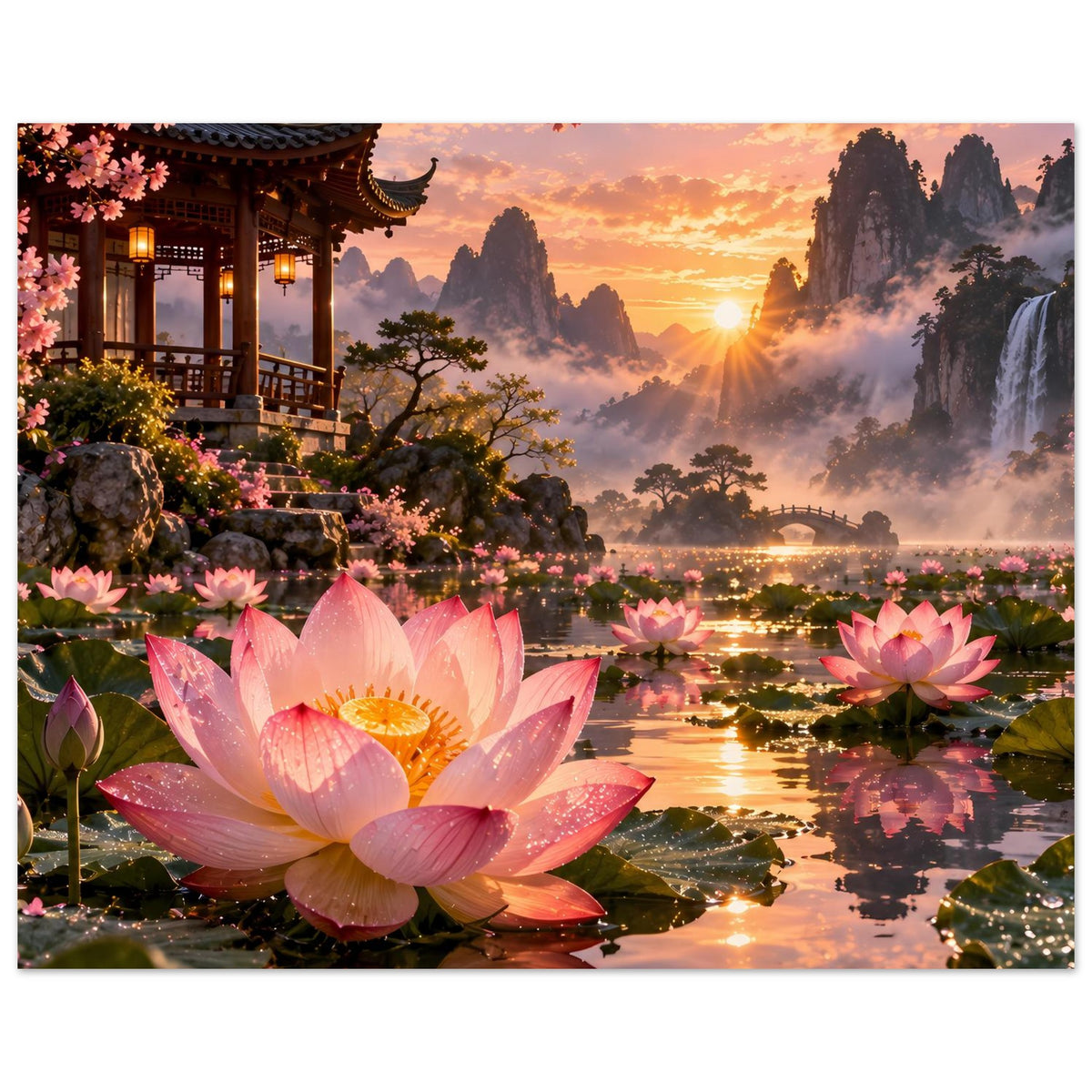 Poster mit großen pinken Lotusblüten, Pagode links und Sonnenuntergang über Nebelbergen