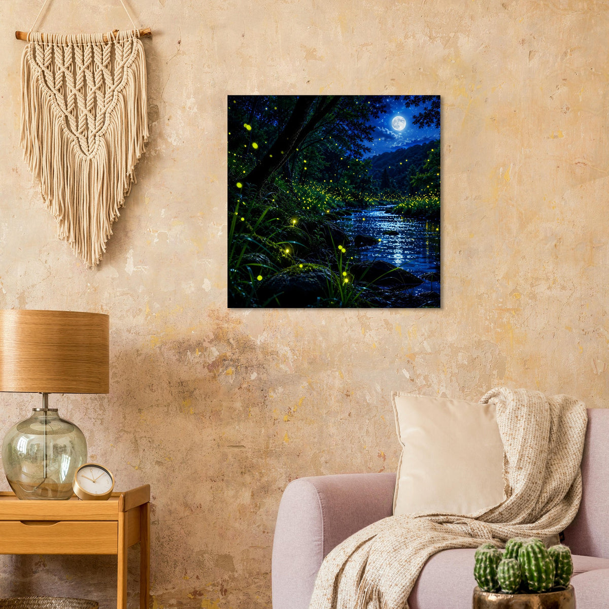 Quadratisches Poster: dunkler Wald, silbern schimmernder Fluss und gelb leuchtende Glühwürmchen